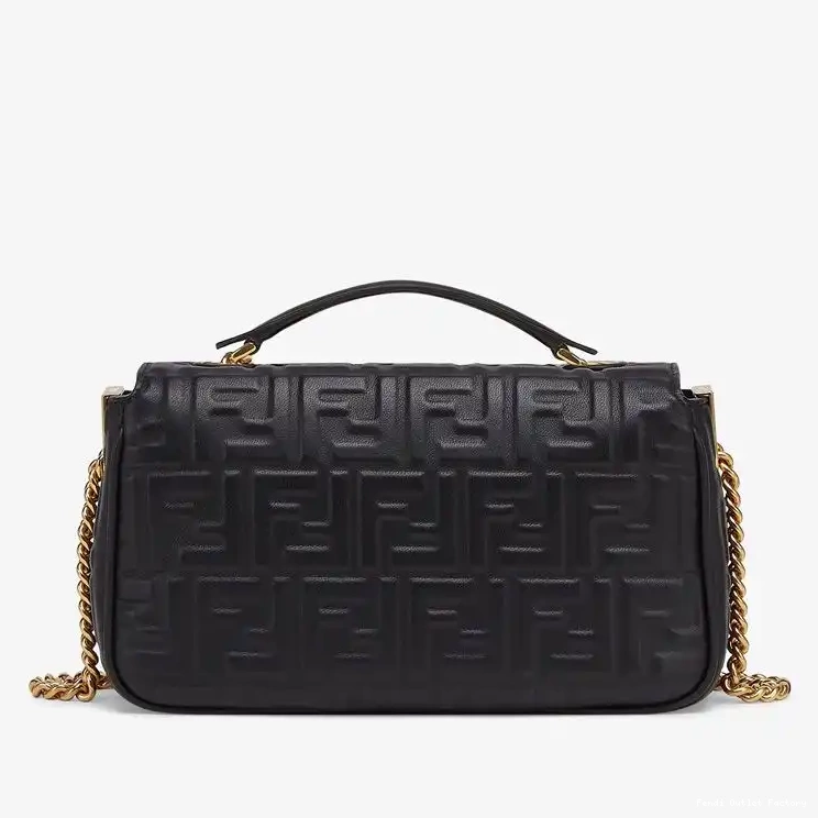 Cheap HOT Midi Black Leather Nappa Motif Chain Fendi In Baguette FF Bag 0525